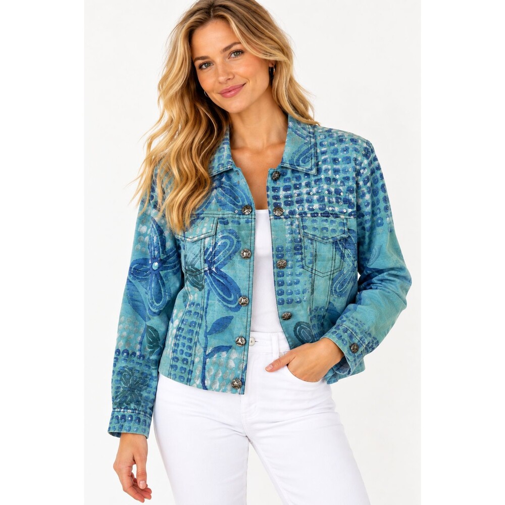 Sandy Starkman 100% Silk Jacket Size Large Blue Sequin Artsy Print Button Front